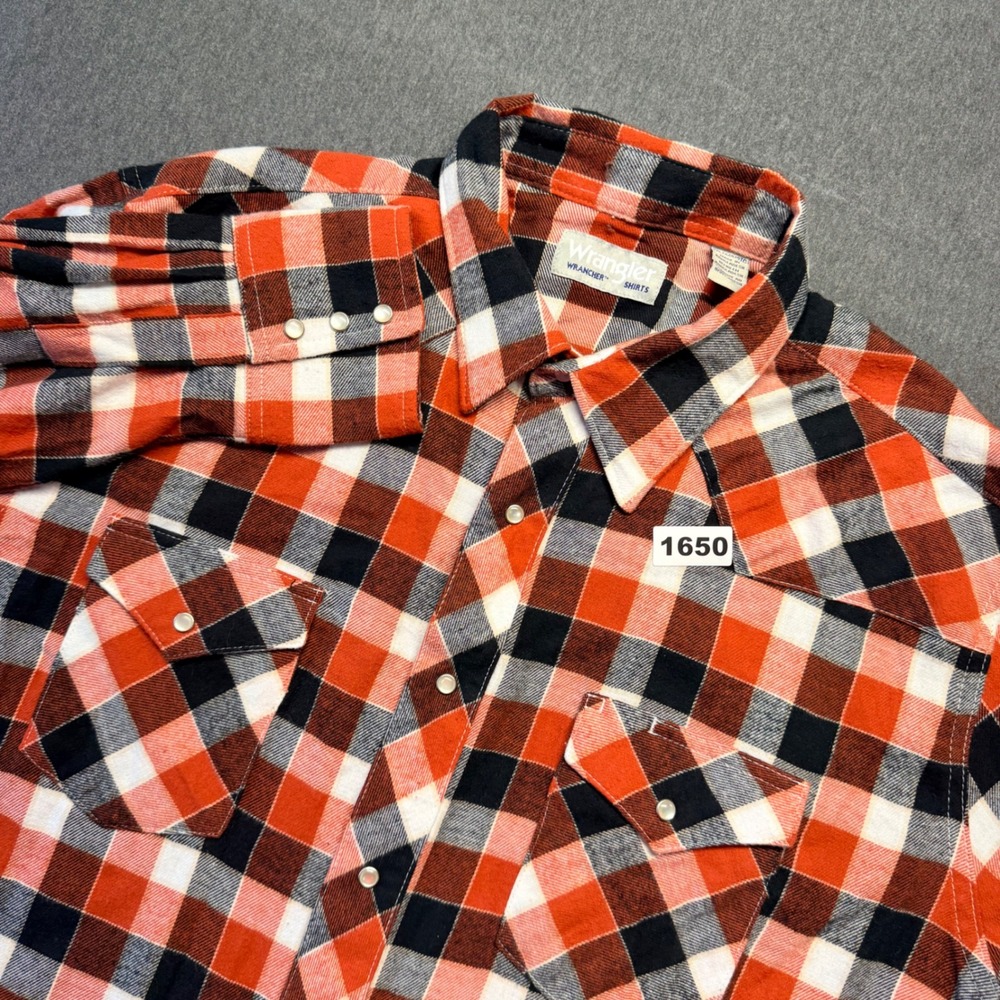 Wrangler Wrancher Mens XXL Red Black Plaid Pearl Snap Western Shirt Long Sleeve